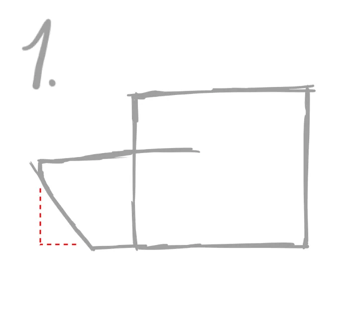 正方形と横長長方形の形がベース
横顔はベースは正方形と横長長方形を組み合わせた形をベースにいたします。
青線の高さ、幅はその子によって調整しましょう。