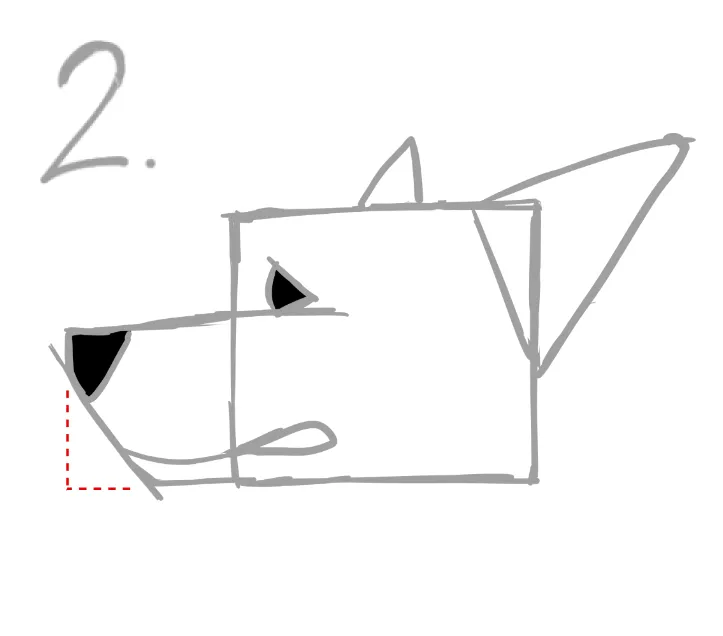 目と鼻は三角形に
 横顔を観察すると目と鼻は三角に近い形をしております。
配置については目は横長長方形の少し上に配置、鼻は目の水平位置のすぐ下に鼻、そして口へつながります。左画像の青線（高さ・幅）はその子によって調整しましょう。同時に大きい三角形ベースの耳も描き込みます。目はオリーブ型で白目部分がございますとイキイキとした表情となります。