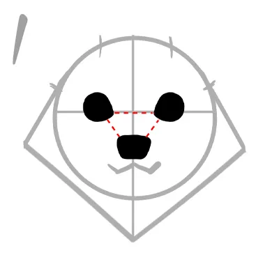 mix犬（ポメチワ）描き方
１．顔は逆五角形型をベースに耳は大きくまずは逆五角形型を描き中央に丸とその中央に十字を描きその上に逆三角形をベースに目と鼻を書き込みます。