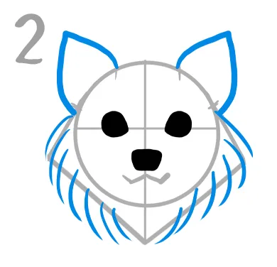 mix犬（ポメチワ）描き方
２．毛は流れるように描く

次にチワワのような大きな耳を、葉っぱの形をベースに描きこみポメラニアンのようなストレートかつフワフワとした毛は画像の赤矢印の方向に内側にはらう線を描いていきます。