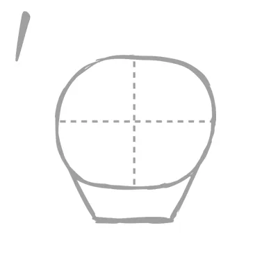 １．顔は楕円形と逆台形をベースに描く

まずは楕円を描き、中心に横線を描きます、その下部に反転させた台形を描きこみます。