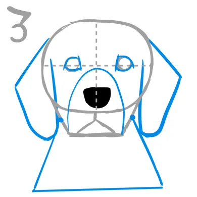 ３．目はオリーブ型でマズルは逆「U」型

目はオリーブ型で、口元は上下逆にした「U」を描きこみ、マズルのアタリにいたします。
白目を目立たせると表情が豊かなビーグルらしく見えます。

※右画像３．の青線部分を参考