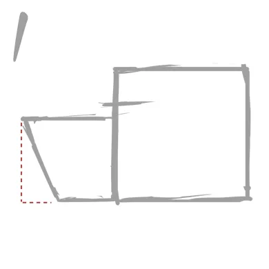 １．正角形と長方形がベース
横顔はベースは二つの大小の正方形を組み合わせた形をベースにいたします。
小さい正方形の高さ、幅はその子によって調整しましょう。
図の様に傾斜を付けることで犬らしい口元になります

(※右画像の赤破線部分を参考)