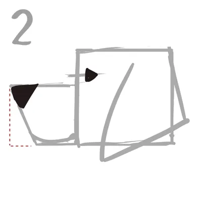 ２．目と鼻は三角形に
目と鼻は三角形（黒い部分）
配置は図の様に、目はマズル上側線の少し上に書いていきます。鼻は四角形上部に描きこみます。
同時に三角形ベースの耳も描き込みます。目は丸型で白目部分がございますとイキイキとした表情となります。