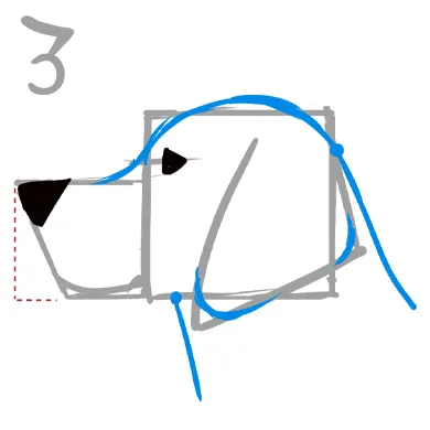 ３．耳と頭に丸みを持たせる

頭頂部からマズルまでの角を削りに丸みを付け、耳も角を削りを丸みを付けます

首は耳の付け根と、下あご部分から線を描きこみます。

※右画像３．の青線部分を参考