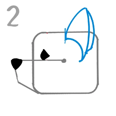 ②ヨークシャーテリアの横顔の描方
き目と鼻は三角形に

目と鼻は三角形（黒い部分）
に書いていきます。鼻は四角形上部に描きこみます。
同時に耳も描き込みます。耳は一番右側の線を基準に「ひし形」をベースに耳を描きこみます